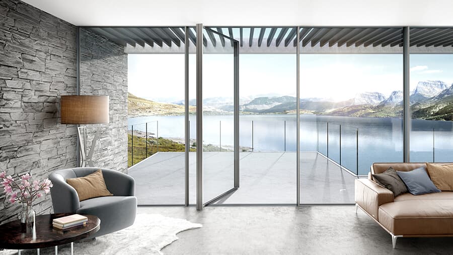minimalist glass pivot door
