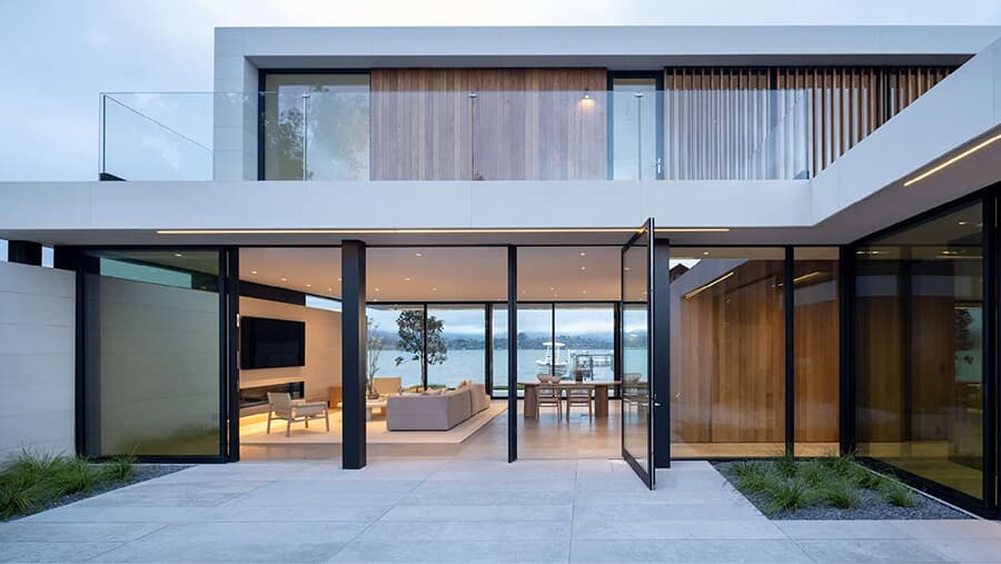 modern aluminum pivot door with clear glass