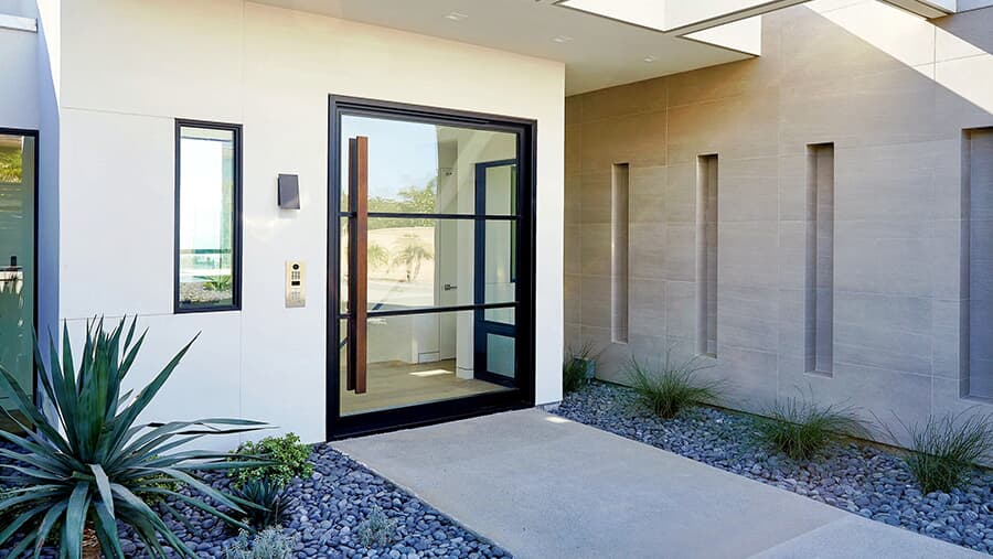 Glass pivot front door