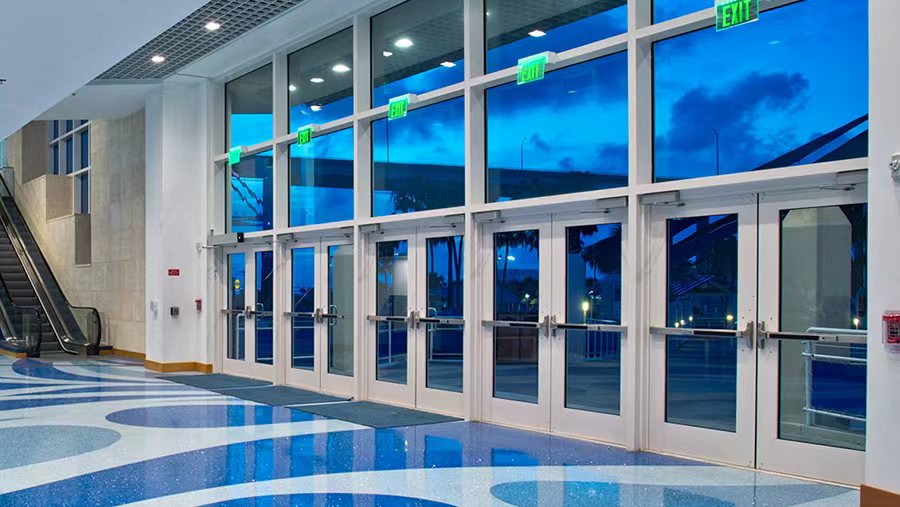 Secure aluminum storefront business entrance