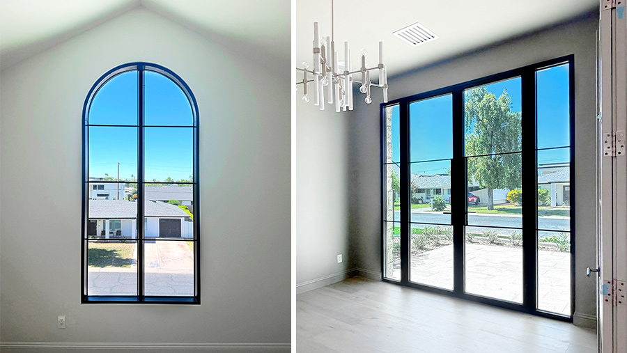 black slim frame aluminum arch window