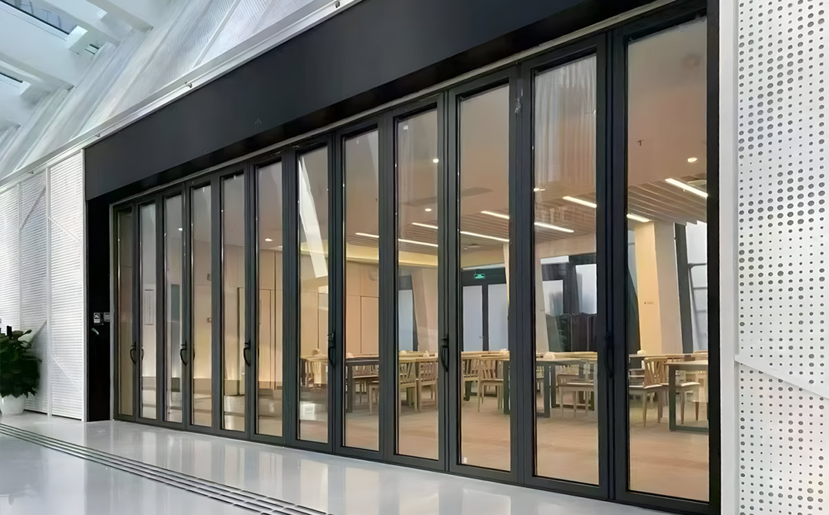 Closed Multi Panel Commercial Folding Door Creating Transparent Interior Partition Closed Multi Panel Commercial Folding Door Creating Transparent Interior Partition