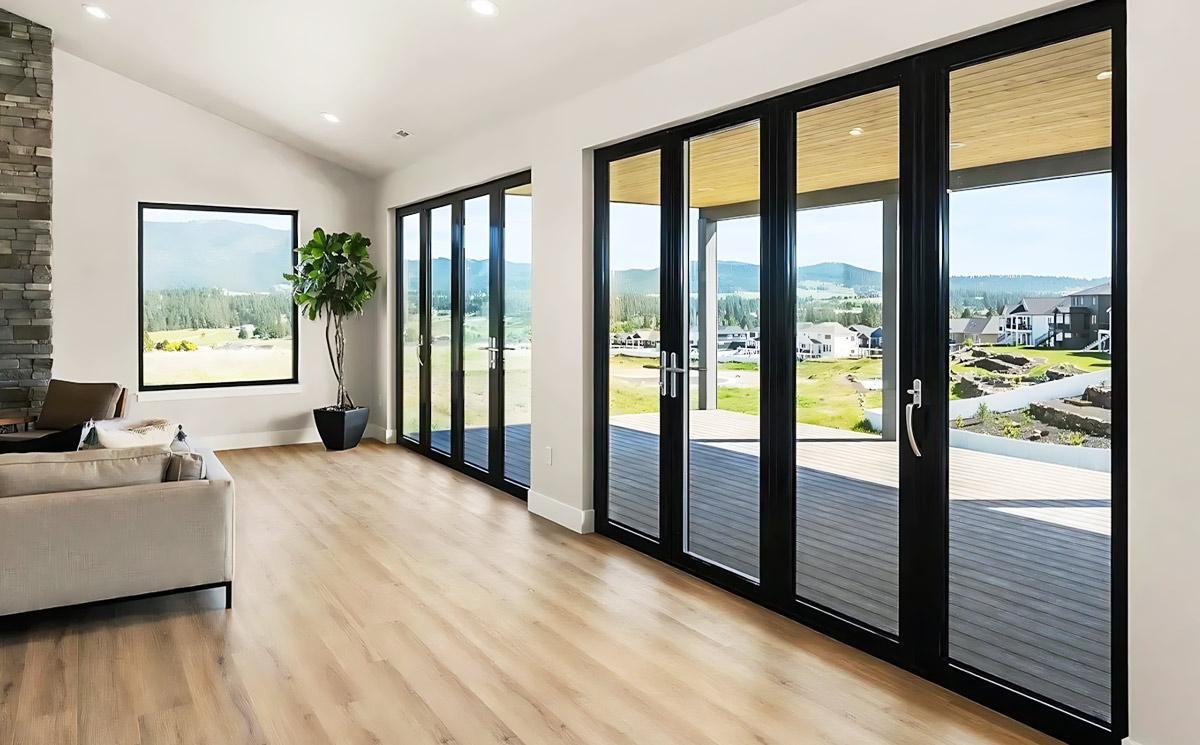Expansive Commercial Hall with Multi Panel Folding Glass Wall Completely Retracted Expansive Commercial Hall with Multi Panel Folding Glass Wall Completely Retracted