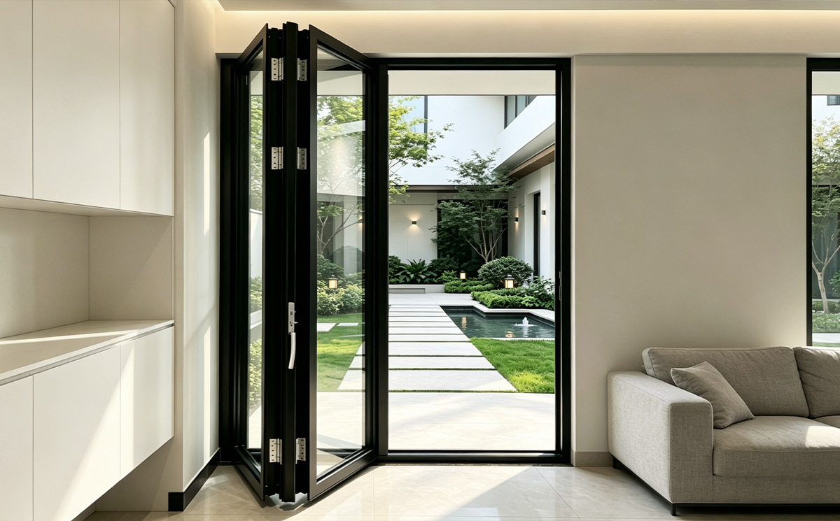 Luxury Villa Living Room with Panoramic Corner Folding Glass Doors Opening to Greenery Luxury Villa Living Room with Panoramic Corner Folding Glass Doors Opening to Greenery