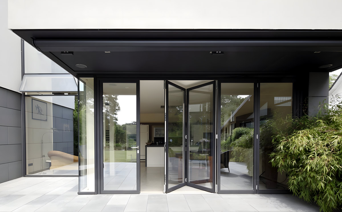 Expansive Commercial Venue Wall Retracted with Multi Panel Bifold Glass Doors Expansive Commercial Venue Wall Retracted with Multi Panel Bifold Glass Doors