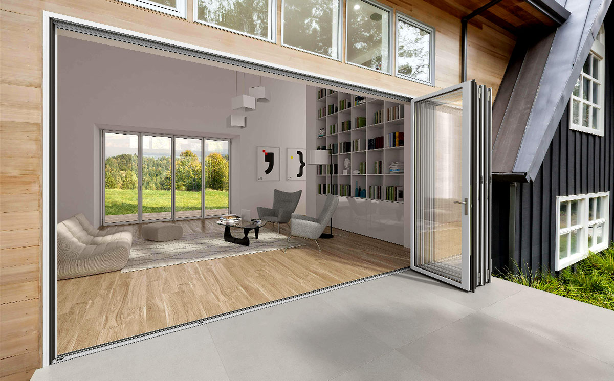 A modern villa featuring an ultra-slim aluminum folding door system that opens up completely to an outdoor deck A modern villa featuring an ultra-slim aluminum folding door system that opens up completely to an outdoor deck