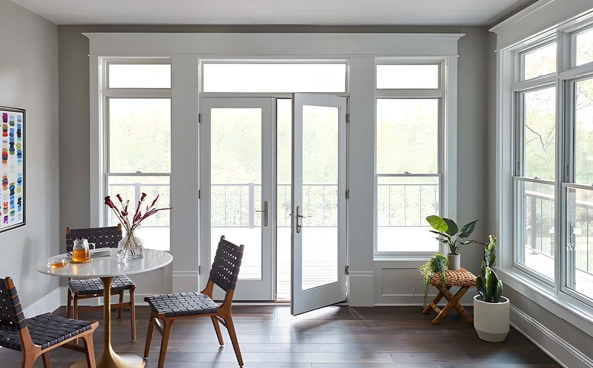 White inswing French doors with transom window and matching sidelights in a sunny dining room White inswing French doors with transom window and matching sidelights in a sunny dining room