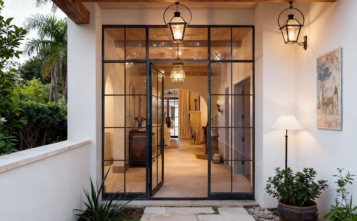 Slim aluminum French doors interior with fixed sidelights and transom glass wall Slim aluminum French doors interior with fixed sidelights and transom glass wall