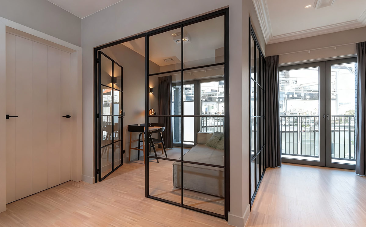 Interior French doors for home office glass corner partition enclosure Interior French doors for home office glass corner partition enclosure