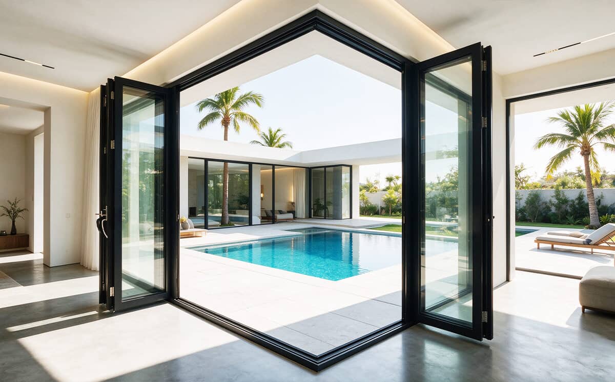 Black aluminum bifold doors open fully to a modern patio with swimming pool, creating seamless indoor-outdoor living