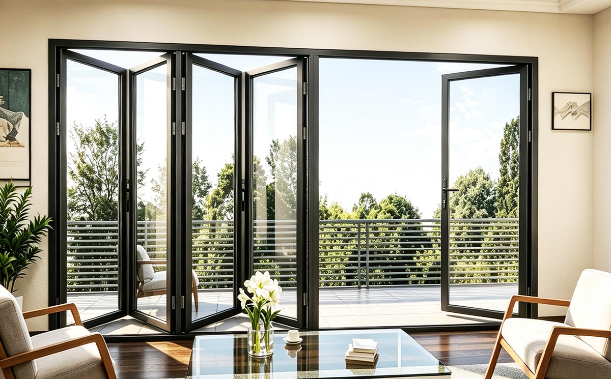 Custom bi fold glass doors with slim frames installed between a modern living room and outdoor balcony