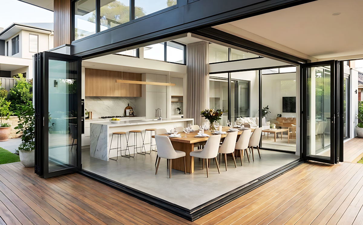 Modern luxury dining room featuring a seamless corner bifold door system opened to an outdoor wooden deck Modern luxury dining room featuring a seamless corner bifold door system opened to an outdoor wooden deck