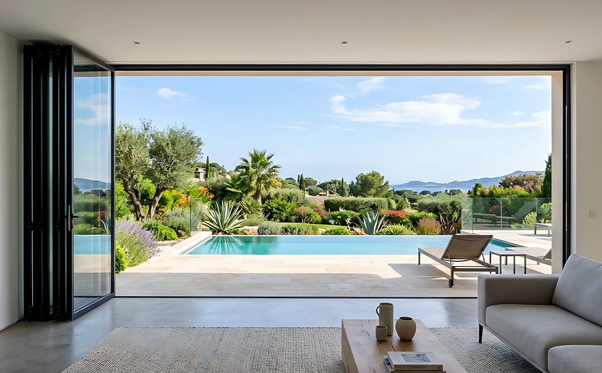 Large span exterior folding doors neatly stacked to one side, opening a luxury living room to a private pool and garden view Large span exterior folding doors neatly stacked to one side, opening a luxury living room to a private pool and garden view