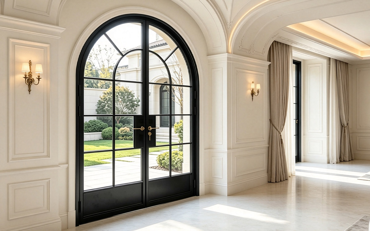 Industrial style internal double doors made of ultra-slim black metal frames open into a hallway with parquet flooring Industrial style internal double doors made of ultra-slim black metal frames open into a hallway with parquet flooring