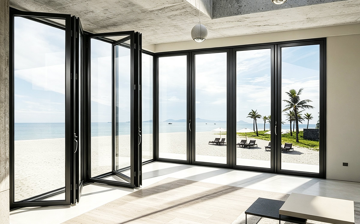 Panoramic glass folding doors with slim aluminum frame facing luxury beachfront ocean view Panoramic glass folding doors with slim aluminum frame facing luxury beachfront ocean view