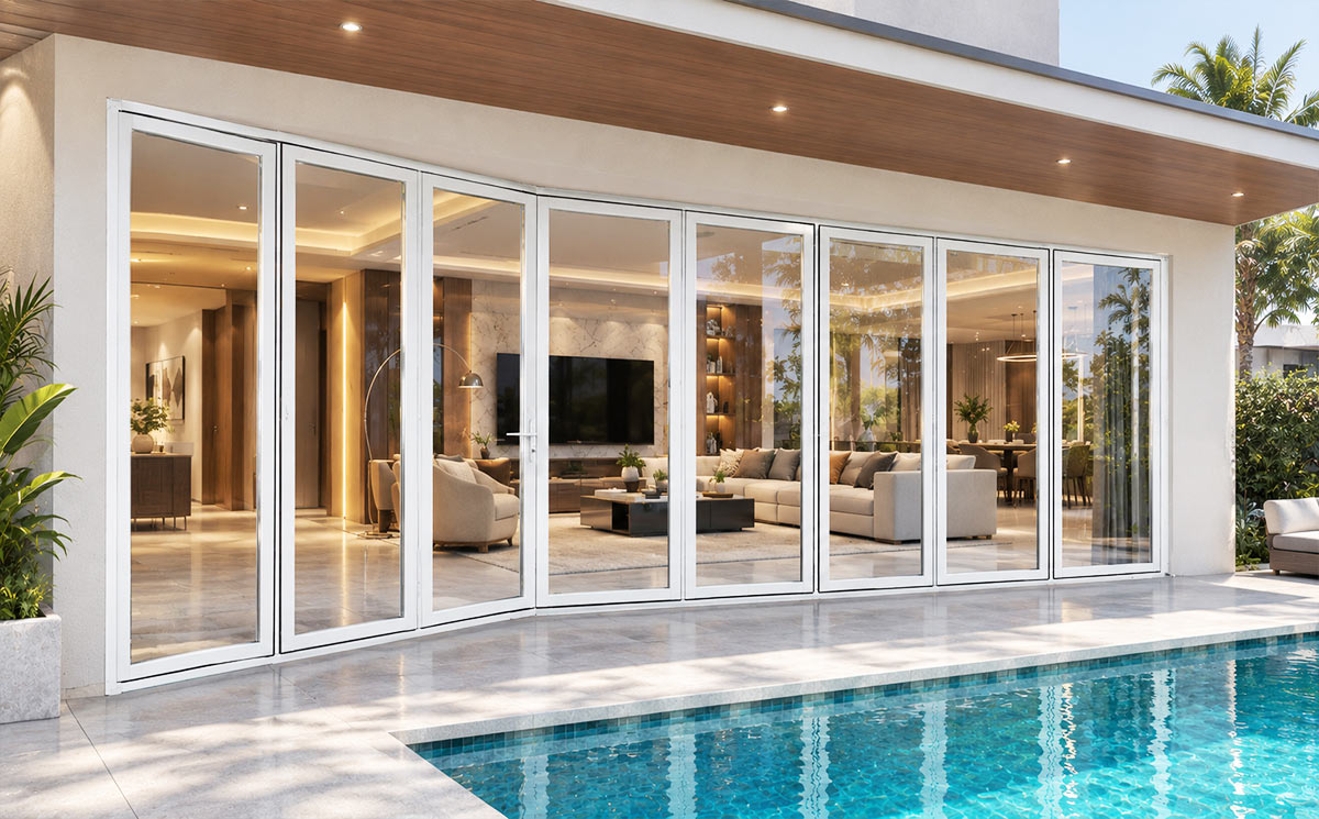Multi panel thermal break aluminum folding door system installed alongside luxury villa swimming pool terrace Multi panel thermal break aluminum folding door system installed alongside luxury villa swimming pool terrace