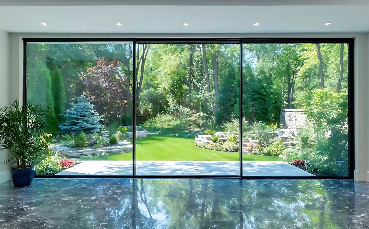 Full view custom ultra slim sliding door system facing garden landscape Full view custom ultra slim sliding door system facing garden landscape