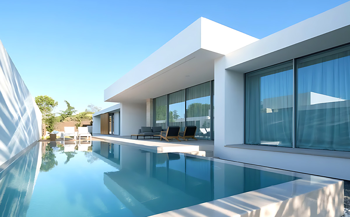 Luxury modern villa exterior facade featuring slim frame sliding doors and sparkling swimming pool Luxury modern villa exterior facade featuring slim frame sliding doors and sparkling swimming pool