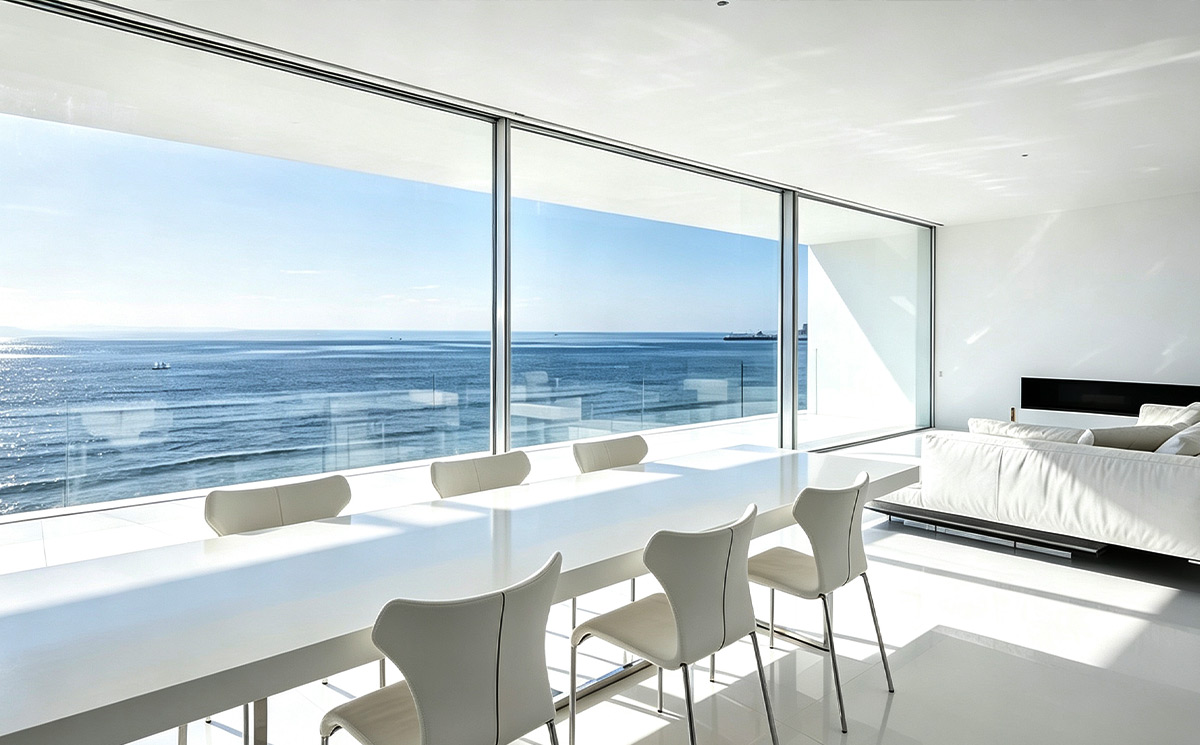 Panoramic glass sliding door system in luxury dining room overlooking ocean view Panoramic glass sliding door system in luxury dining room overlooking ocean view