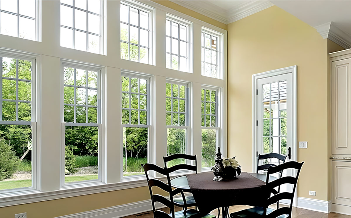 Tall double-hung windows stacked beneath fixed transom windows in a bright dining room